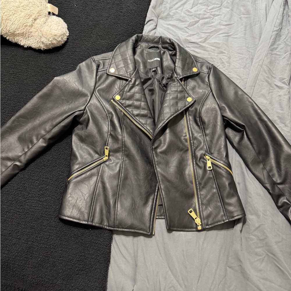 Faux leather moto jack with gold hardware